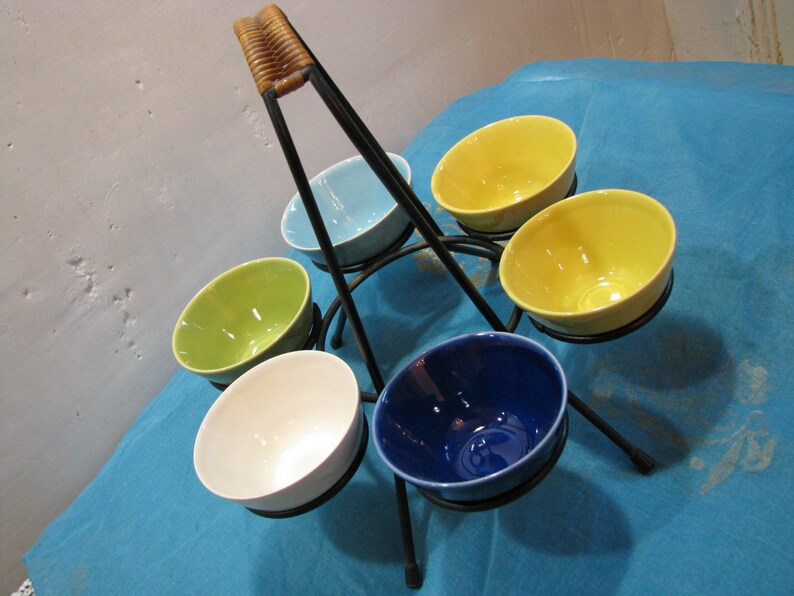 Vintage Danish Eslau Stoneware 6 Bowls in Black Metal /& Rattan Stand \u2013 1950s 1960s Mid Century Modern Scandinavian Design from Denmark