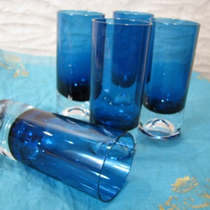 4 x Vintage Glass Tumbler – WMF Germany – 1960s Mid Century Modernist Design – clear & turmaline blue – Cocktail Bar Highball Barware