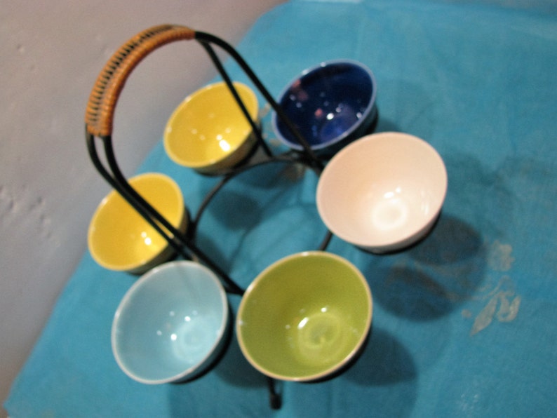 Vintage Danish Eslau Stoneware 6 Bowls in Black Metal /& Rattan Stand \u2013 1950s 1960s Mid Century Modern Scandinavian Design from Denmark