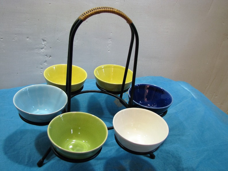 Vintage Danish Eslau Stoneware 6 Bowls in Black Metal /& Rattan Stand \u2013 1950s 1960s Mid Century Modern Scandinavian Design from Denmark