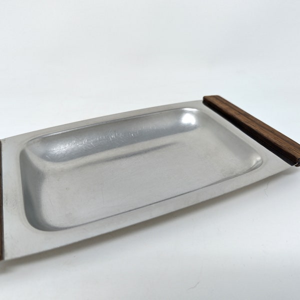 Vintage Tray QUIST Stainless Steel & Teak Wood Handles – 1960s Mid Century Modern Tableware – Small Serving Platter