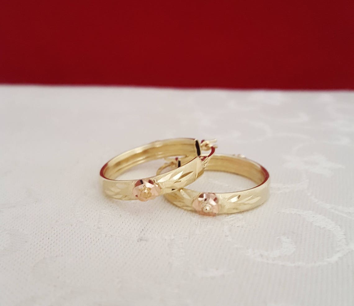 Elegant 14k Diamondcut Hoop Earrings W/14k Rose Gold Floral Etsy