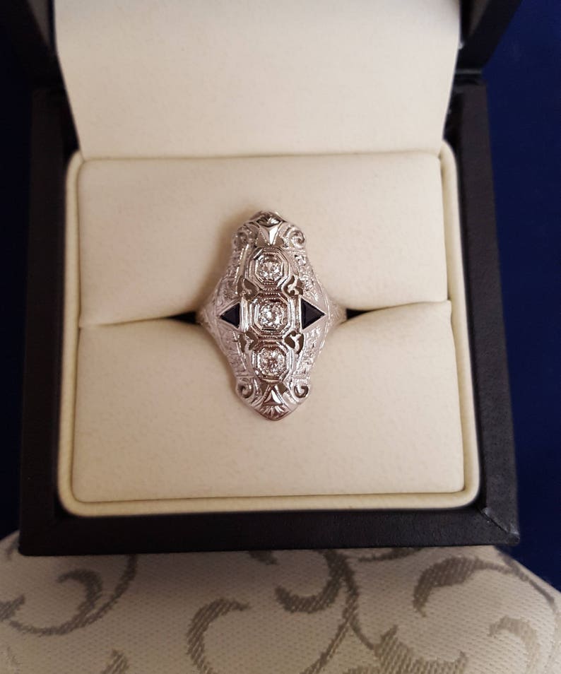Antique Edwardian Art Deco Diamond & Sapphire 14k White Gold | Etsy