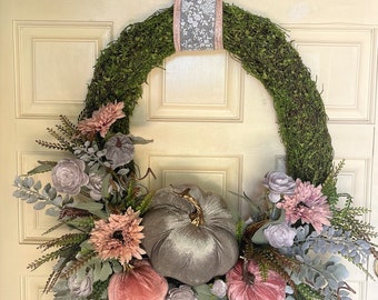 Elegant fall pumpkin wreath, Autumn wreath, Fall moss wreath, Fall silver wreath, Fall pink decor, Autumn decor, Pumpkin door wreath