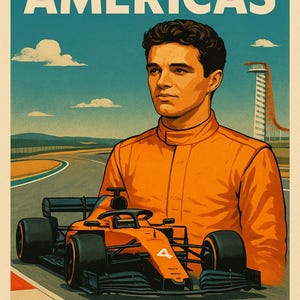 Könnte beinhalten: Vintage-Poster mit Lando Norris, einem Formel-1-Fahrer, und einem Rennwagen auf der Rennstrecke Circuit of the Americas. Das Poster hat eine Retro-Ästhetik mit dem Text "CIRCUIT OF THE AMERICAS" und "LANDO NORRIS". Die Farbpalette umfasst Orange, Blau und Beige.