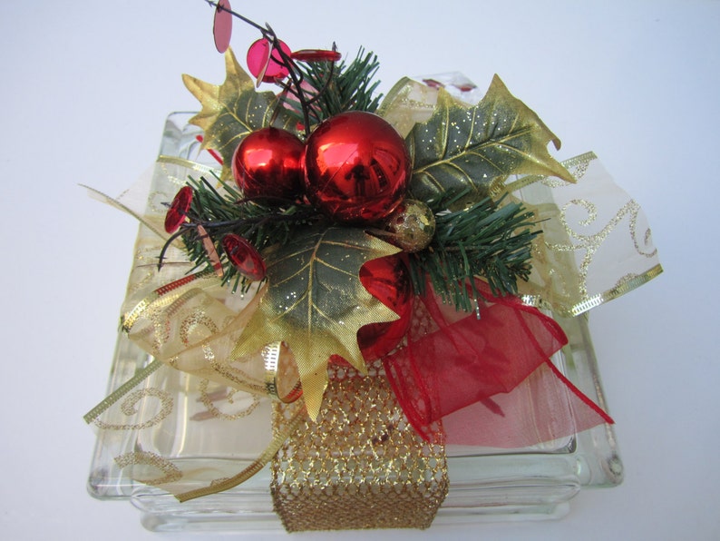 Decorative Glass Block With Red And Gold Ribbons Holiday Etsy