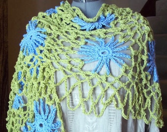 Crochet Scarves Wrap Shawl Art to Wear Accessories Cornflower Blue Spring Green Cotton Asymmetrical Lacy Hand Crochet spring summer fall