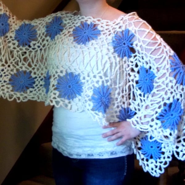 Gypsy Girl Hippie Couture Shrug Overpiece Blue & White Crochet Light Airy Bohemian Layering Tunic Vacation Evening and Casual Wear Cotton