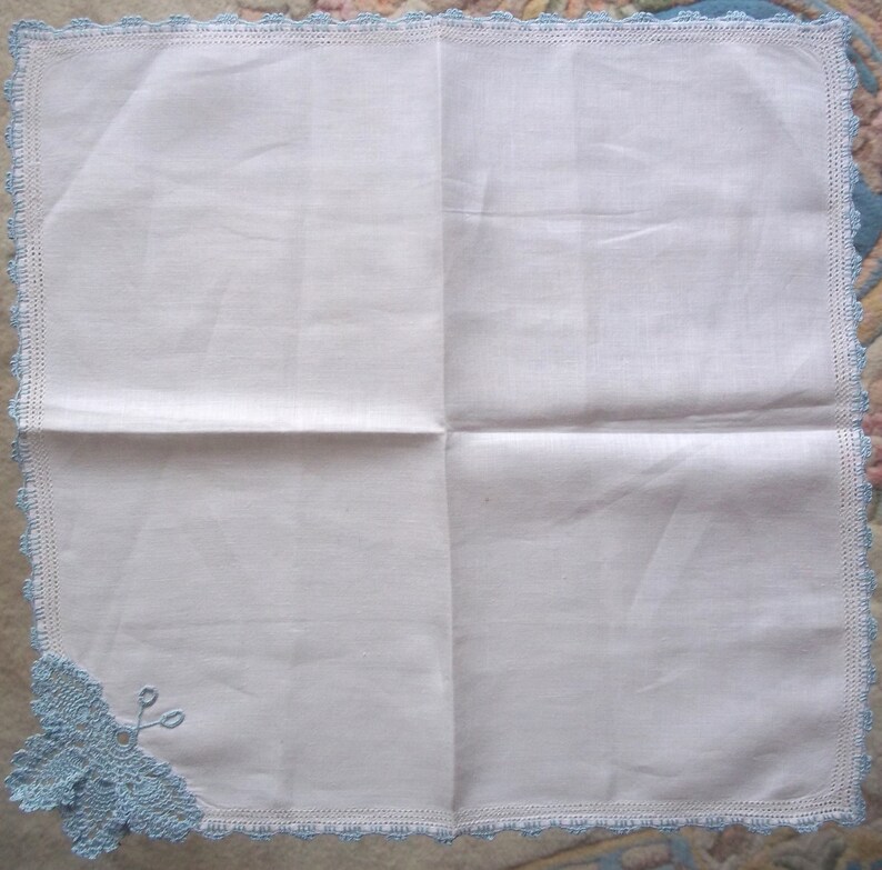 Lovely vintage linen hanky handkerchief blue crochet butterfly lovely gift MOM FREE SHIP