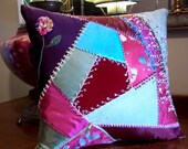 Hand Pieced Crazy Quilt Pillow Vintage & New Fabrics Silk Cotton Velvet Hand Dyed, Embroidered Highly Decorative Some Metallic Threads Beads