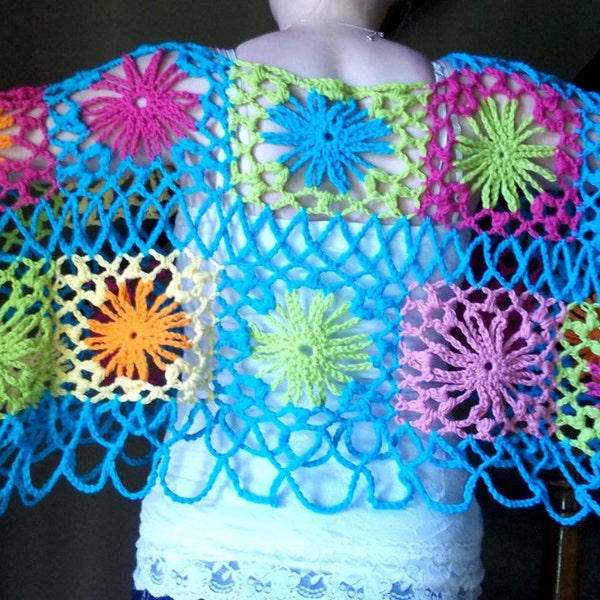 Hippie Couture Shrug Overpiece Turquoise Fiesta Colorful Feminine Crochet Light  Bohemian Layering Tunic Cruise Evening Casual Wear Cotton