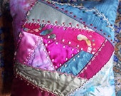 Stunning By Hand Crazy Quilt Pillow Decadent Vint & New Fabrics Silk, Batik, Velvet, Hand Dyed Embroidered Decorative Metallic Threads Beads