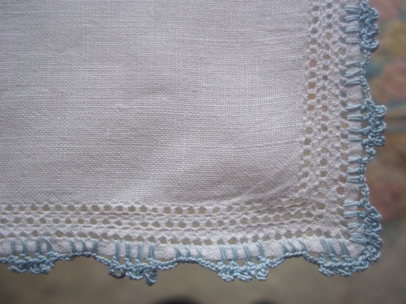 Lovely vintage linen hanky handkerchief blue crochet butterfly lovely gift MOM FREE SHIP