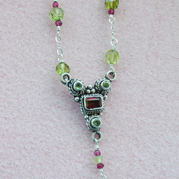 Peridot & Garnet Wirewrapped Necklace 3 Connector Center 925 Silver Handmade(Kit)