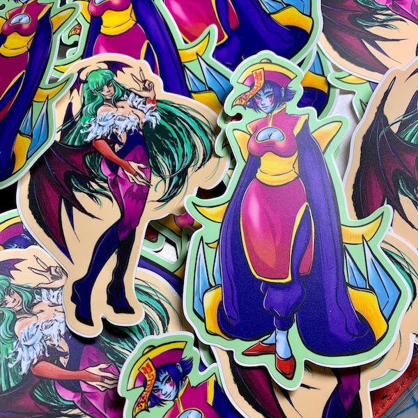 Darkstalkers Vampire Savior Stickers - Morrigan and Hsien Ko 5 inch matte stickers