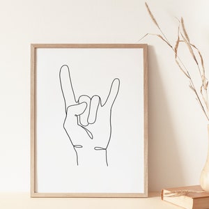 Rock On Hand Sign Illustration | Rock Hand | One Line Drawing | Printable Sketch |  Digital Download | Continuous Line Art | Minimalist