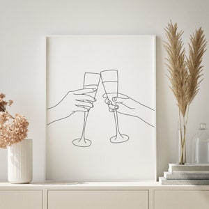 Champagne Print Fine Line, Drinks, Cheers, Bar Cart Prints, Kitchen Art, Line Drawing, Printable, Minimal Print, Gallery Wall, Home Decor