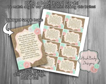 DIY INSTANT Download and Print Yourself! Bring A Book Insert Poem! PINK & Mint Shabby Chic Roses Burlap Lace Matching