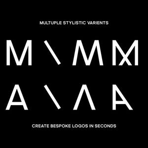 May include: A black background with white text showcasing different variations of the letters M and A. The text "MULTIPLE STYLISTIC VARIENTS" and "CREATE BESPOKE LOGOS IN SECONDS" are also displayed.