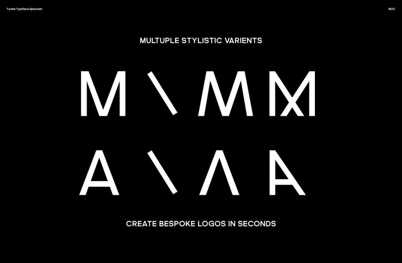 May include: A black background with white text showcasing different variations of the letters M and A. The text "MULTIPLE STYLISTIC VARIENTS" and "CREATE BESPOKE LOGOS IN SECONDS" are also displayed.