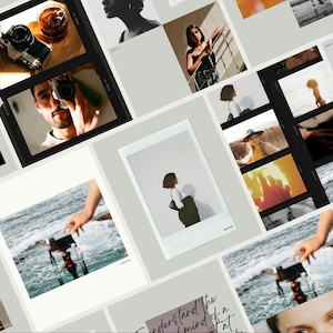 Könnte beinhalten: Eine Collage aus Bildern mit verschiedenen Personen und Szenen. Die Bilder sind in einem Raster angeordnet und zeigen eine Person, die eine Kamera hält, eine Person, die vor einem Fenster steht, eine Person, die auf einer Bank sitzt und eine Person, die am Strand spazieren geht. Die Bilder sind alle im Vintage-Stil gehalten und haben eine warme, einladende Atmosphäre.