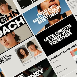 Peut inclure: Mise en page promotionnelle avec le texte "SARA VAUGHN COACH" en lettres blanches et noires en gras. La mise en page comprend des images de personnes et des phrases comme "FINALLY REALIZE YOUR BEST SELF" et "LET'S CREATE A NEW YOU TOGETHER". Le design a une esthétique moderne et épurée.