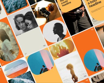 May include: A collage of images with an orange and white color scheme. The images include portraits, landscapes, and a person holding a camera. Some images have text that reads "this a bold headline".