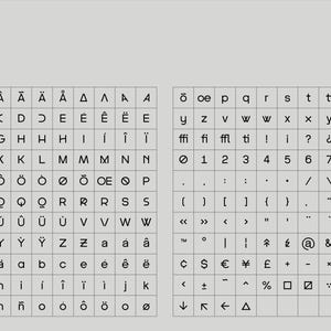 May include: A grid-based design featuring a complete alphabet, numbers, and symbols. The letters and characters are displayed in a sans-serif font, arranged in a structured, organized layout. The color palette is neutral, with a light gray background.