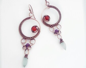 Colorful chandelier earrings wire wrapped jewelry gemstone earrings wire wrap earrings long copper chandeliers copper wire earrings handmade