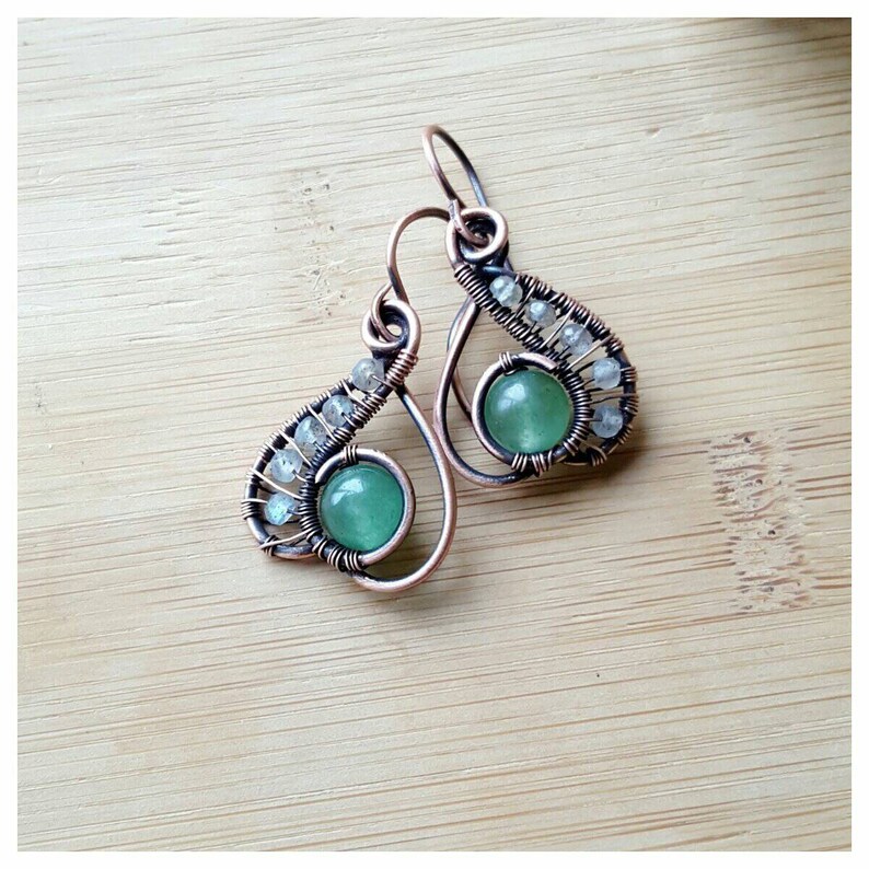 Delicate wire wrapped green jade earring/copper wire jade Etsy