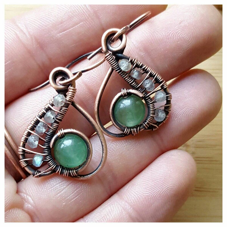 Delicate wire wrapped green jade earring/copper wire jade Etsy