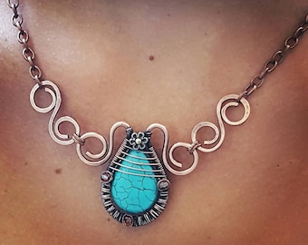 Wire wrapped copper necklace turquoise, copper wire necklace, wire wrap necklace copper wire jewelry, blue stone necklace gemstone jewelry
