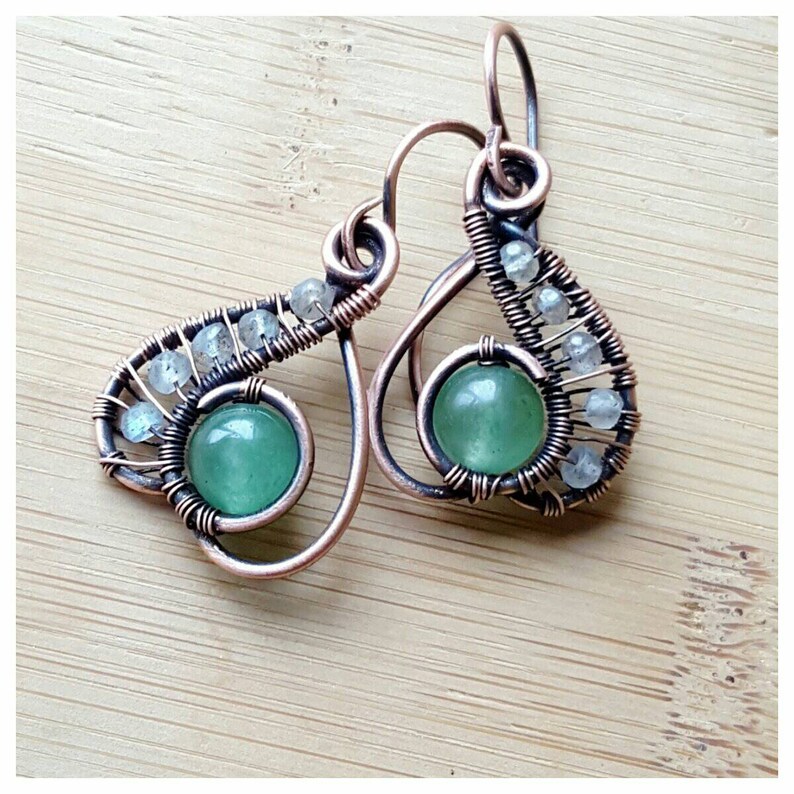 Delicate wire wrapped green jade earring/copper wire jade Etsy