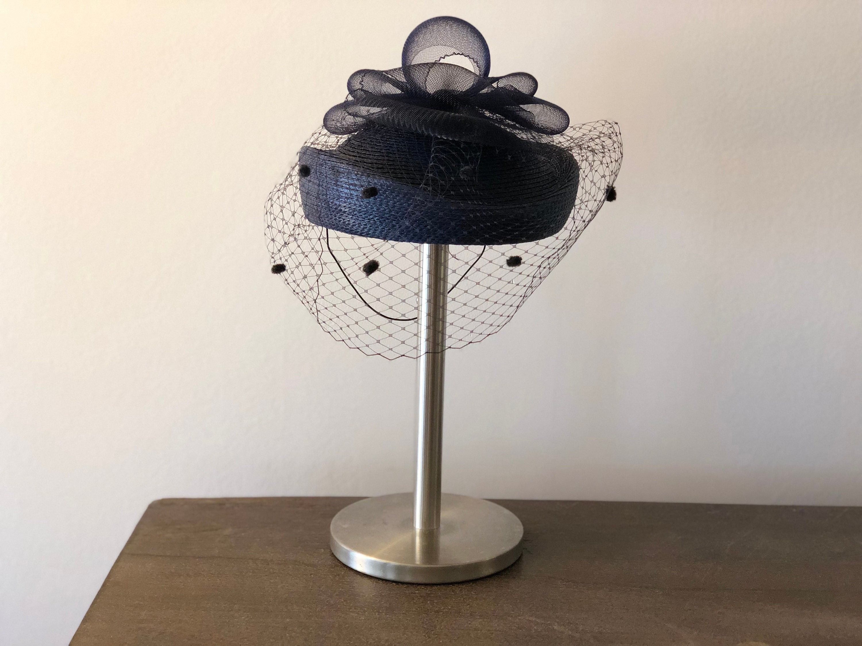 Women's Midnight Blue Symmetrical Pillbox Dress Hat With Veil
