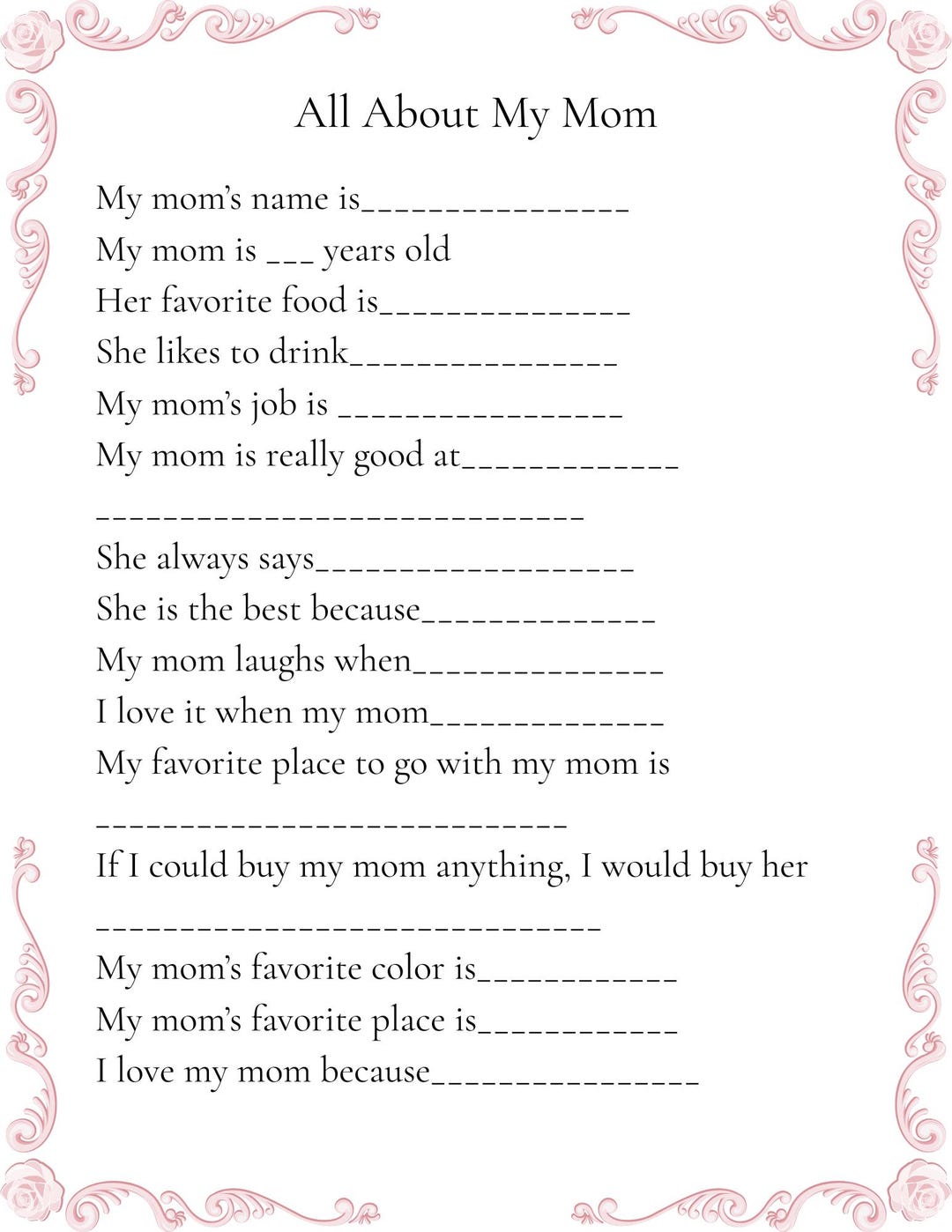 All About My Mom Printable and Coloring Page - Etsy Canada