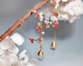 Pink Crystal Hoop Earrings with White Crystal teardrops, Natural gemstone Jewelry