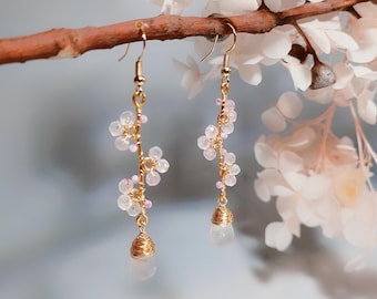 Natural Pink Crystal Earrings, Gemstone Flower Earrings, Pink Quartz Teardrop, Gemstone Jewelry, cherry blossom earrings, Christmas gifts.