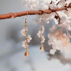 Natural Pink Crystal Earrings, Gemstone Flower Earrings, Pink Quartz Teardrop, Gemstone Jewelry, cherry blossom earrings, Christmas gifts.