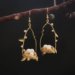 Bird Nest Chandelier Earring with Freshwater pearls. Unique Statement Earrings, Botanical Jewelry, Christmas gifts for women.