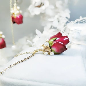 Personalised Real Flower Necklace, Red Rose Pendant, Unique Botanical Necklace, Wire Wrapped Flower Choker, Christmas gifts for women.