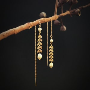 Minimalist Pearl Threader Earrings,  Bridal Leaf earrings, Gold leaf Threaders, Long Dangle Earrings, Christmas gifts for women.