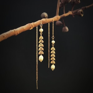 Minimalist Pearl Threader Earrings: Gold Leaf Dangle Earrings