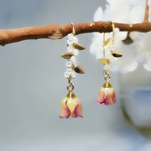 Real Flower Earrings Mini Purple Pink Rose Earrings Beaded | Etsy