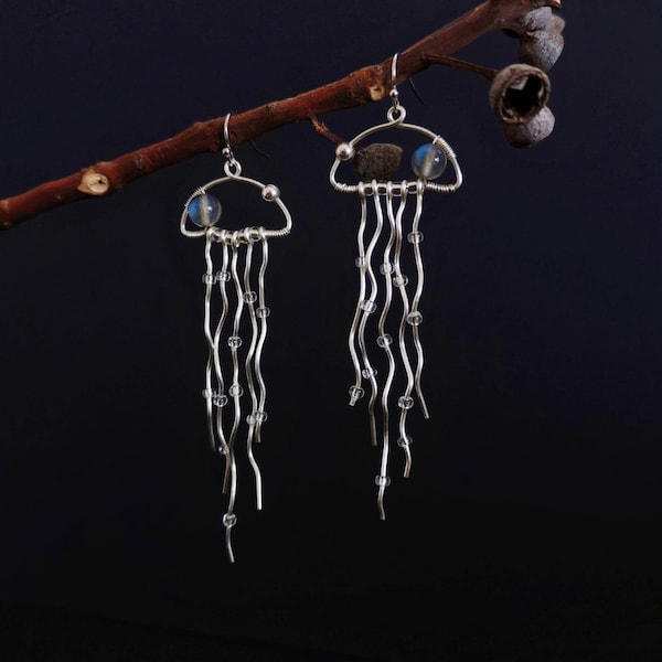 Labradorite Jellyfish Earrings: Silver Dangle Sea Life Jewelry