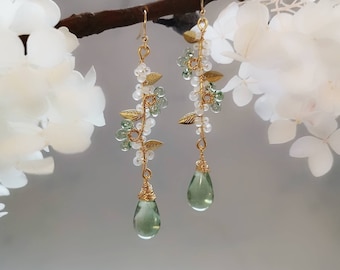 Mint Green Teardrop Bridal Earrings: Gold Leaf Dangle Jewelry