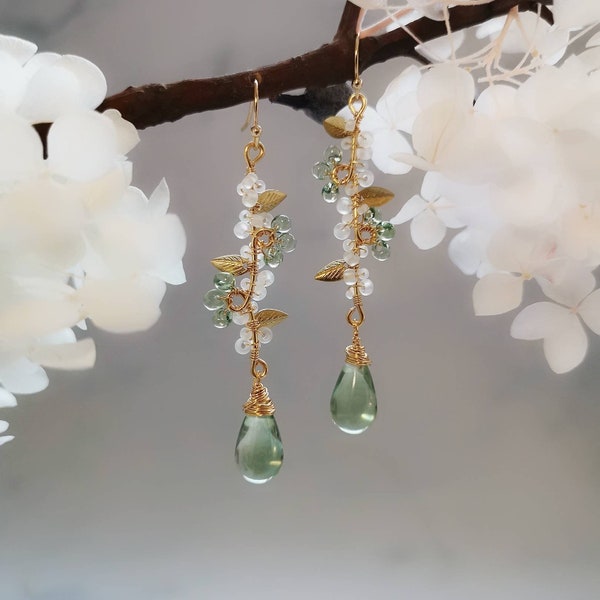Mint Green Teardrop Bridal Earrings: Gold Leaf Dangle Jewelry