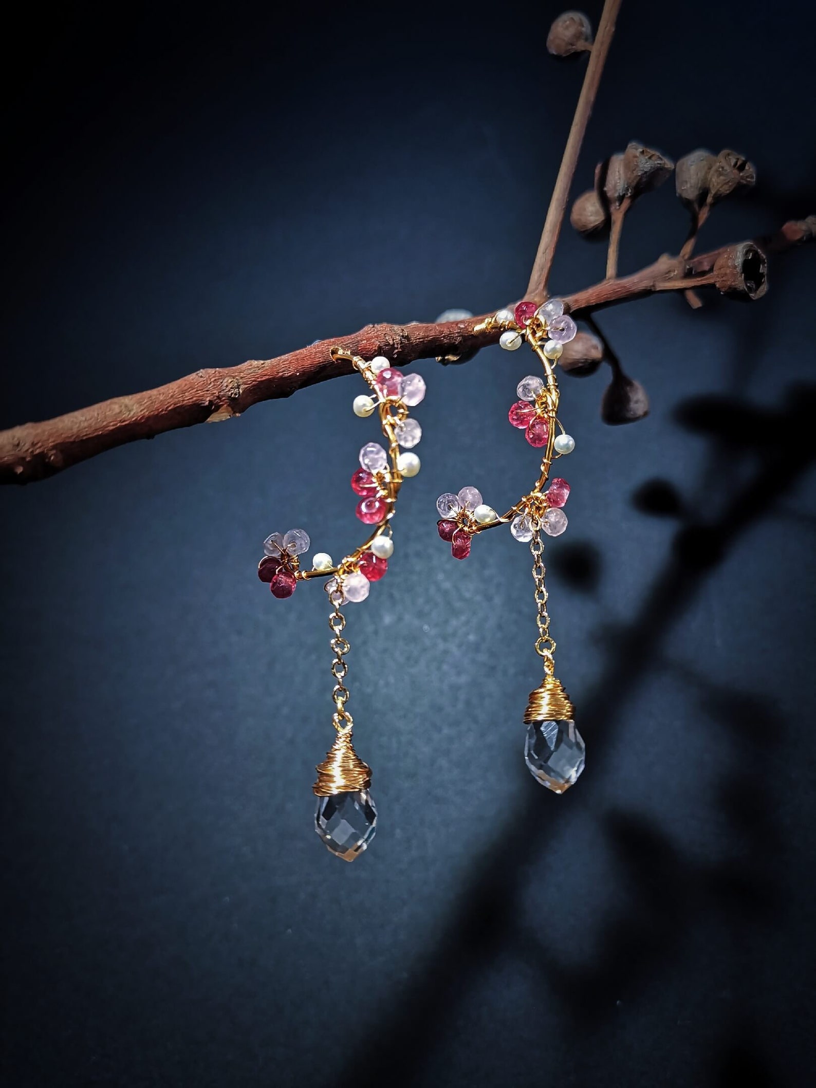 Pink Flower Earrings Pink Crystal Hoop Earrings With White Etsy