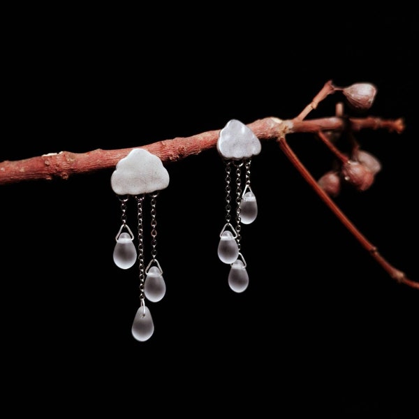 Orecchini pendenti a forma di nuvola di pioggia: borchie a forma di goccia di pioggia in argento, perline ceche