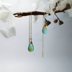 Blue Yellow Teardrop Threaders, Bicolour Glass Drop Earrings,Wire Wrapped Earrings, Minimalist Jewelry, Christmas Gift for women.