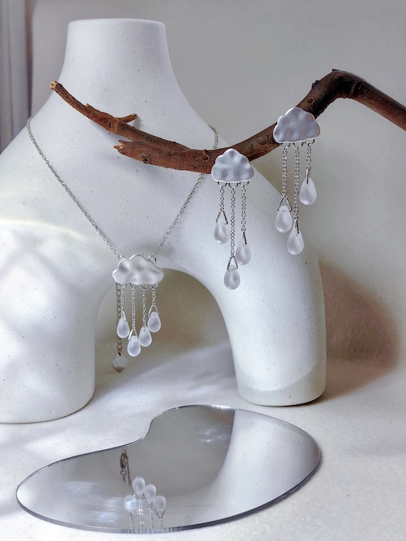 Rain Cloud Necklace, Silver Raindrop Pendant, Silver Cloud